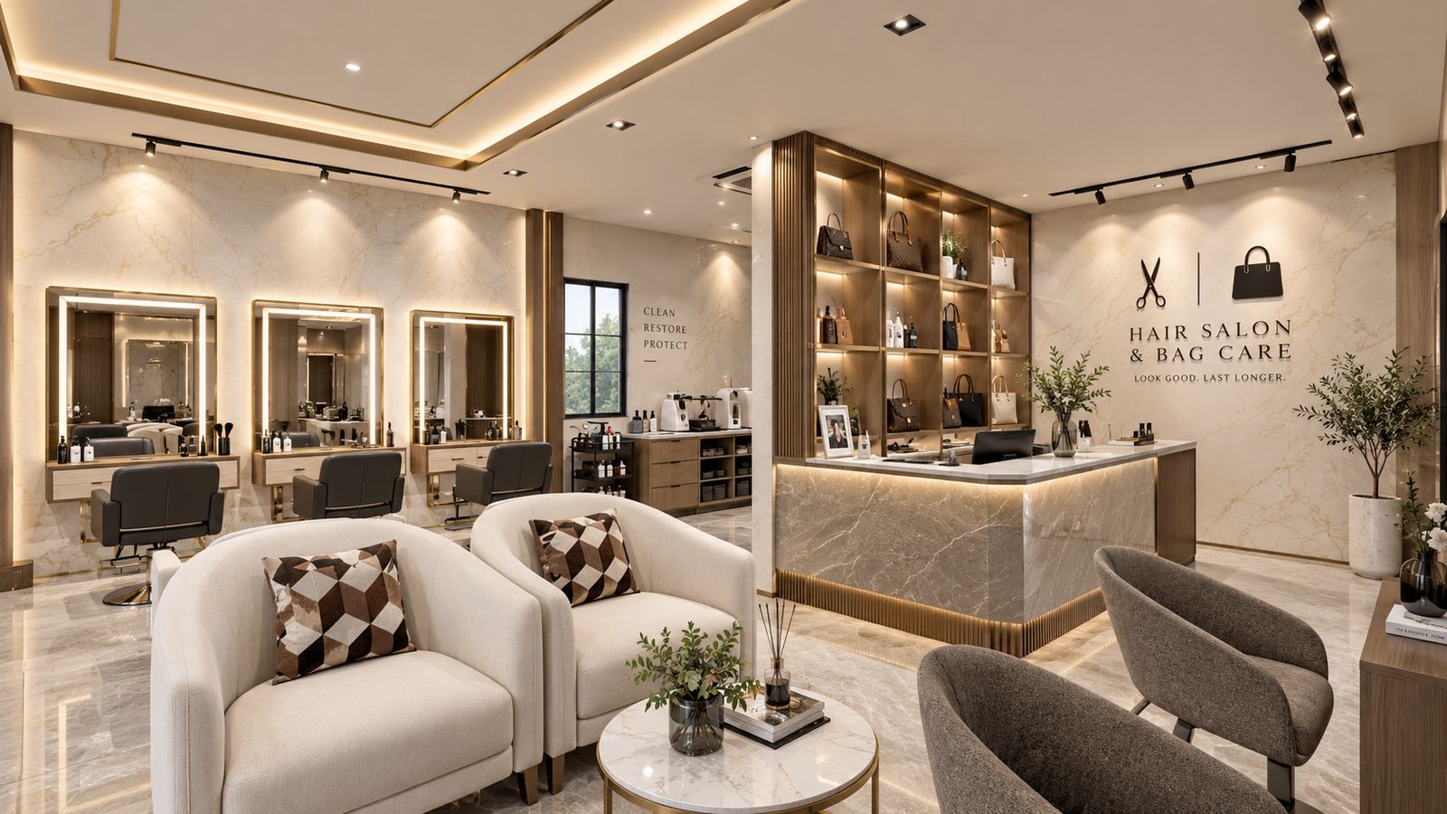 ภาพจำลองภายในร้านตัดผมและร้านทำความสะอาดกระเป๋าในกรุงเทพมหานคร โซนเก้าอี้ตัดผมพร้อมกระจกไฟด้านซ้าย เคาน์เตอร์หินอ่อนและชั้นโชว์กระเป๋าด้านขวา และเก้าอี้รับรองลูกค้าด้านหน้า