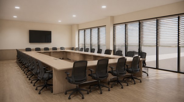 ภาพจำลองห้องประชุมขนาด 30 ที่นั่ง โต๊ะประชุมจัดผังรูปตัวยู ผนังกระจกพร้อมม่านปรับแสง — งานออกแบบภายในร่วมกับ บริษัท ระแนงดีไซน์แอนด์บิลด์ จำกัด