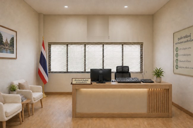 ภาพจำลองห้องประชาสัมพันธ์ เคาน์เตอร์ไม้มีไฟซ่อน มุมรับแขก และป้ายข้อมูลบริการ — งานออกแบบภายในร่วมกับ บริษัท ระแนงดีไซน์แอนด์บิลด์ จำกัด